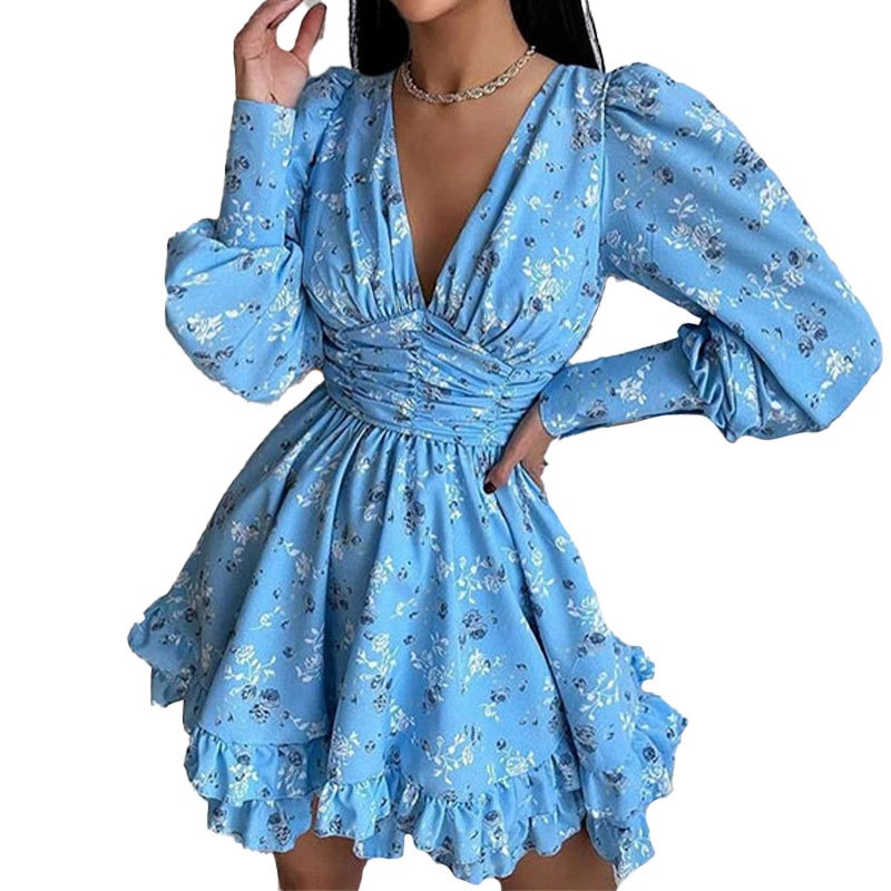 Robe courte plissée sexy dos nu à manches longues imprimée, collection printemps 2026, tendance européenne et américaine pour femmes_voghion.com