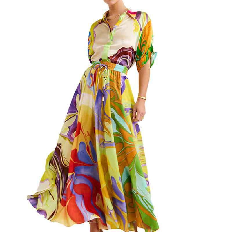 2026 Spring New Cross-Border European And American Women's Fashion Printed Loose Top Tie Half Skirt Set_voghion.com