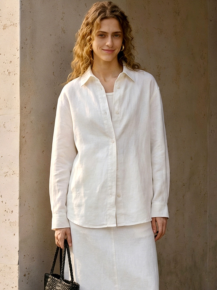 Giacca bianca in puro cotone stile francese con colletto risvoltato, maglia a maniche lunghe da donna, adatta per la primavera e l'autunno._voghion.com