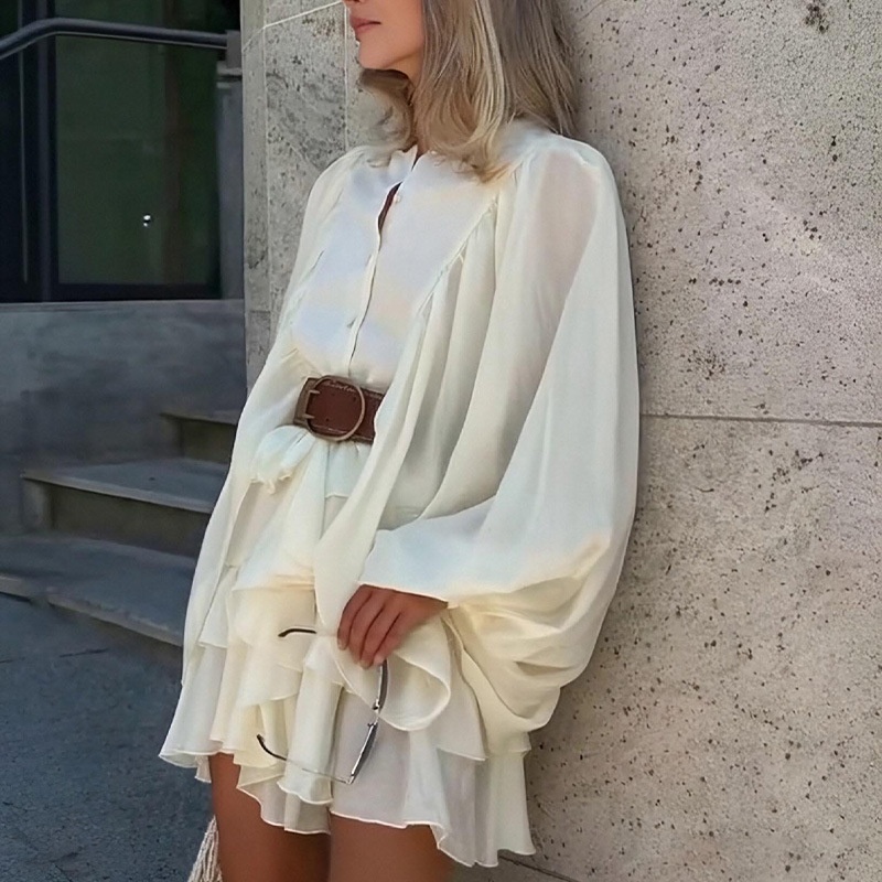 European And American Style Cross-Border Women's Spring French High-Waisted Puff Sleeve Ruffle Short Dress_voghion.com