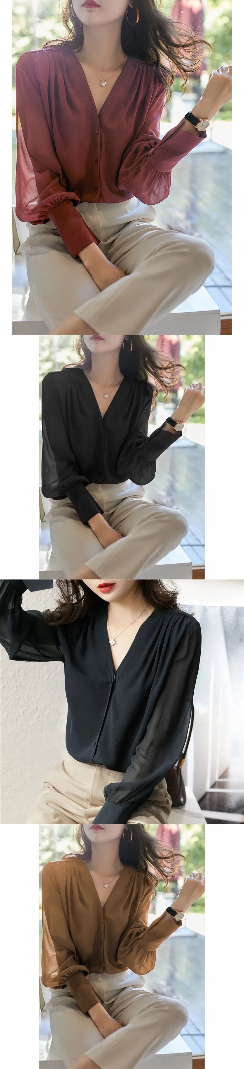 Elegant V-neck Chiffon Blouse For Women Plus Size Spring Autumn_voghion.com