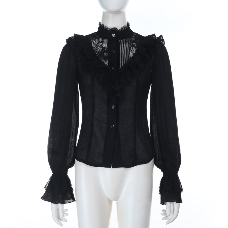 Damen Langarmbluse Mit Spitze Und Cut-outs Im Dark Style_voghion.com