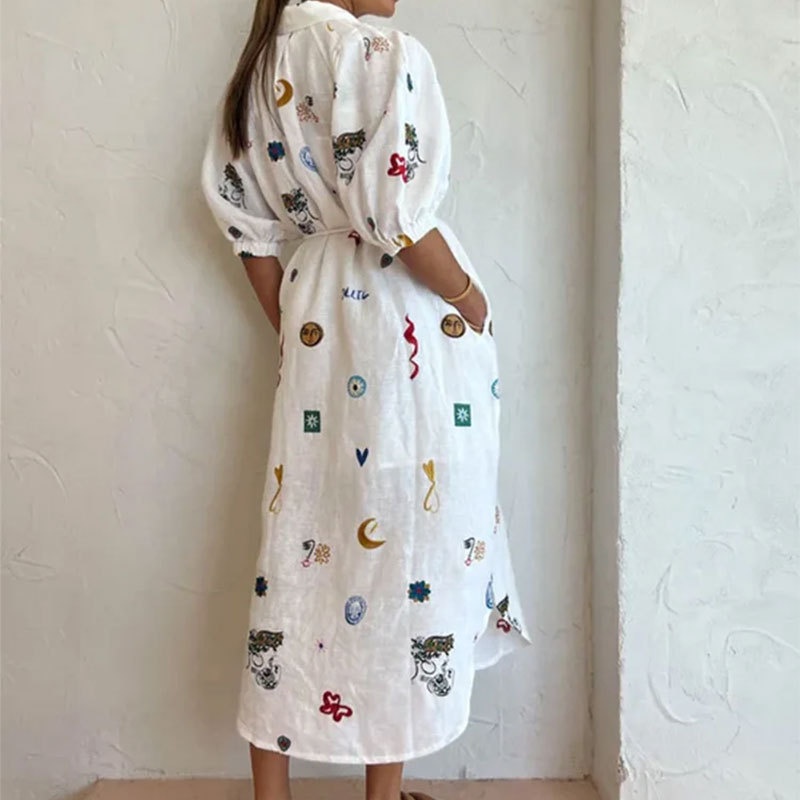 2026 Spring New European And American Women's Fashion Loose Printed Turn-Down Collar Tie Bubble Sleeve Shirt Long Dress_voghion.com