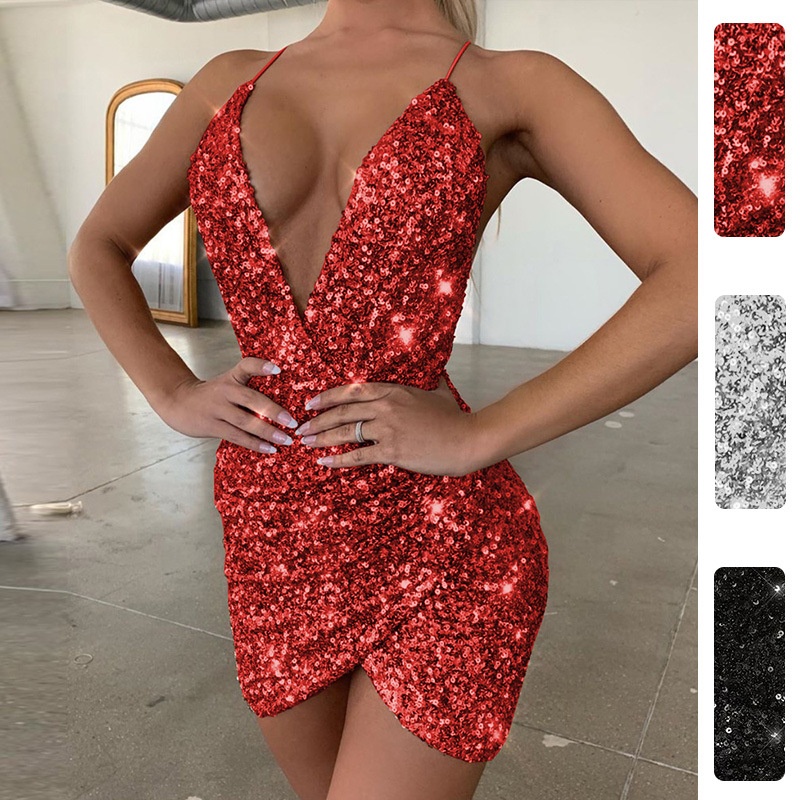 Europäisches und amerikanisches, grenzüberschreitendes, sexy Modekleid mit V-Ausschnitt und Paillettenträgern, Frühjahr 2026, Modell 661_voghion.com