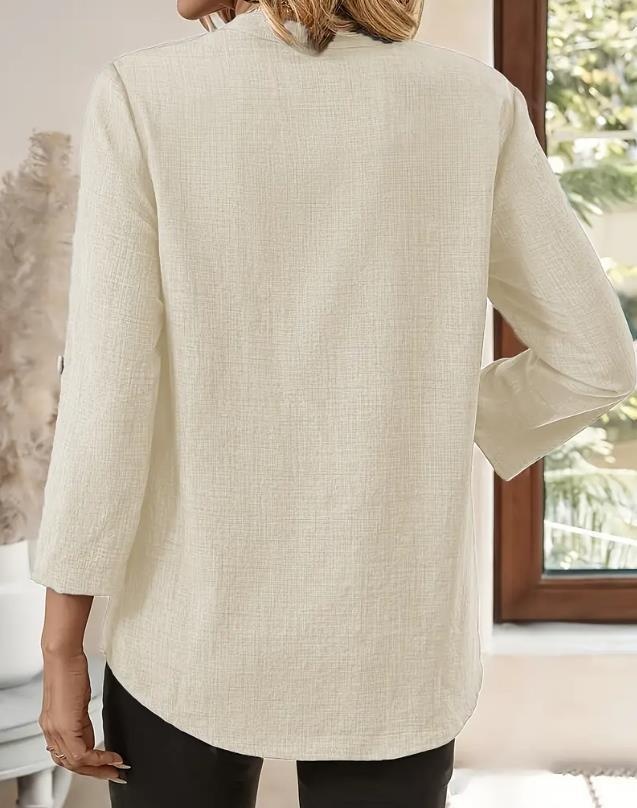 Women's Casual Loose V-neck Blouse Solid Color Plus Size Top_voghion.com