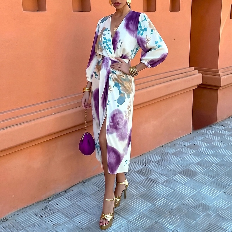 2026 Spring New Cross-Border European And American Women's Fashion Elegant Printed Unique V-Neck Long Sleeve Mid-Length_voghion.com