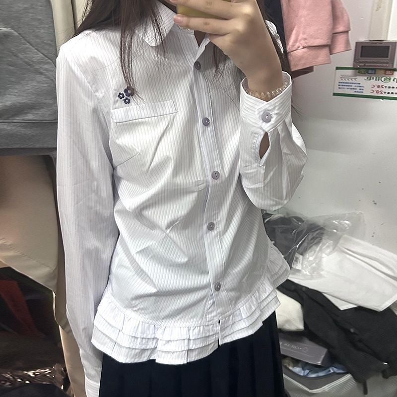 Camicia a maniche lunghe a righe in stile giapponese, adatta per la primavera e l'autunno, con orlo a balze, un top grazioso._voghion.com