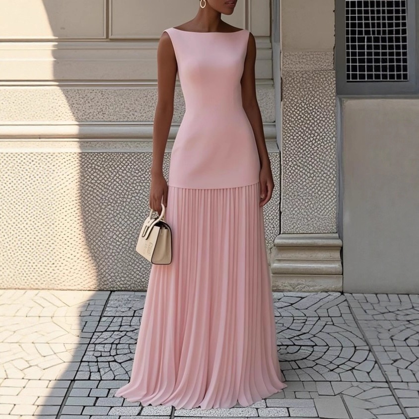 2026 Spring New Women's Clothing European And American Cross-Border Fashion Solid Color Slim-Fit Pleated_voghion.com