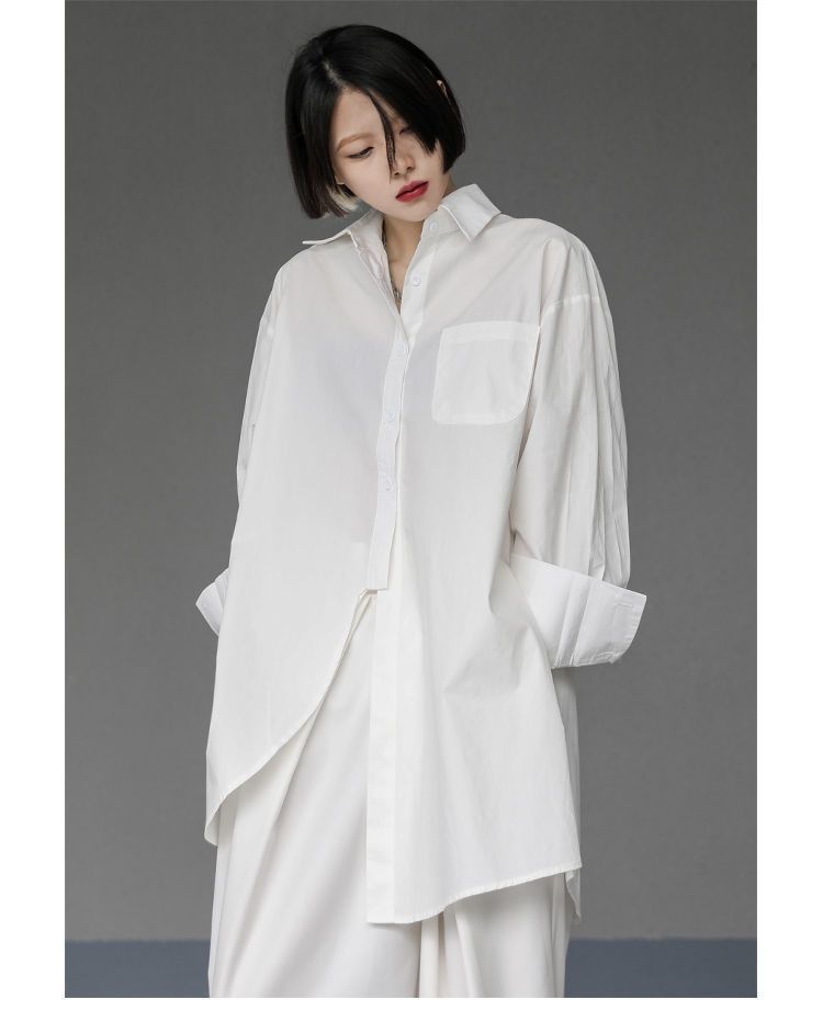 Women's Irregular Button-up Shirt Mid-length Bf Style Blouse_voghion.com