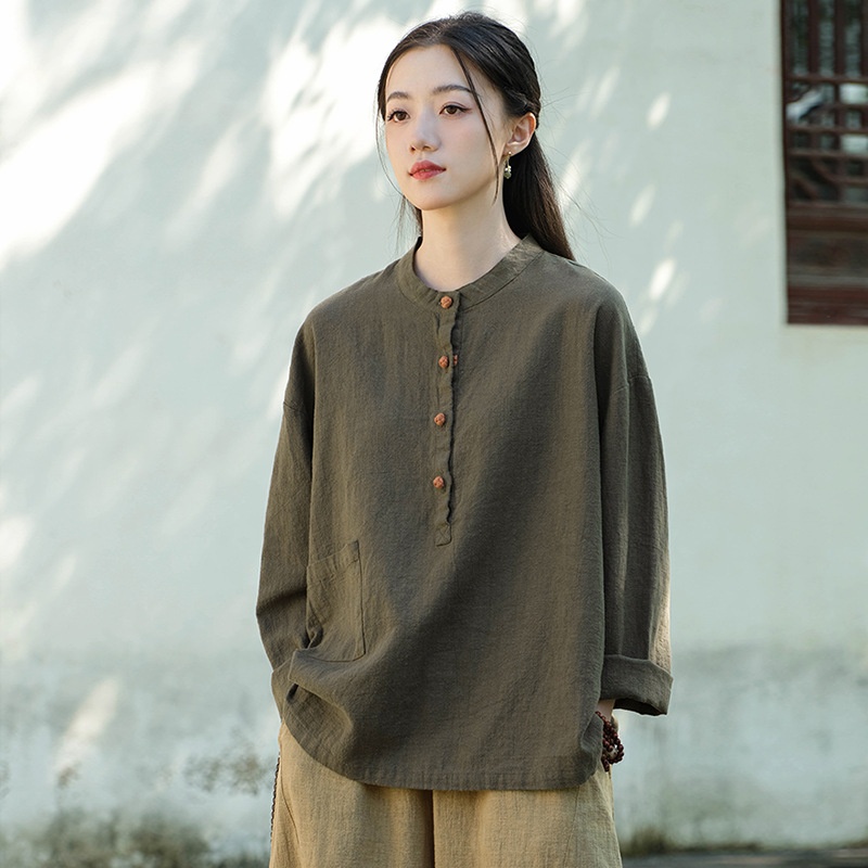 2026 Spring/Summer New Clothing: Linen Stand Collar Color-Block Button-Up Pullover Plus Size Top, Women's Cotton-Linen_voghion.com