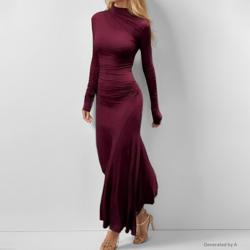 Elegantes, einfarbiges, gerafftes, figurbetontes Langarmkleid für Damen (Frühjahr 2026) – Neue europäische und amerikanische Modetrends_voghion.com