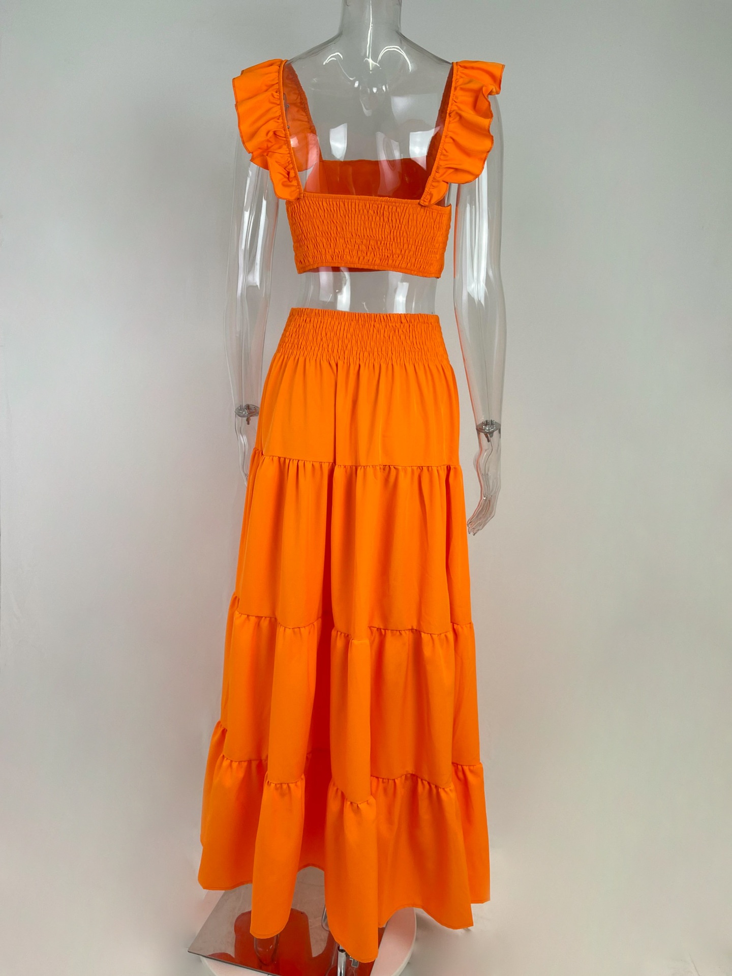 Women's Two-piece Set Solid Colour Ruffle Strap Flared Dress Set_voghion.com