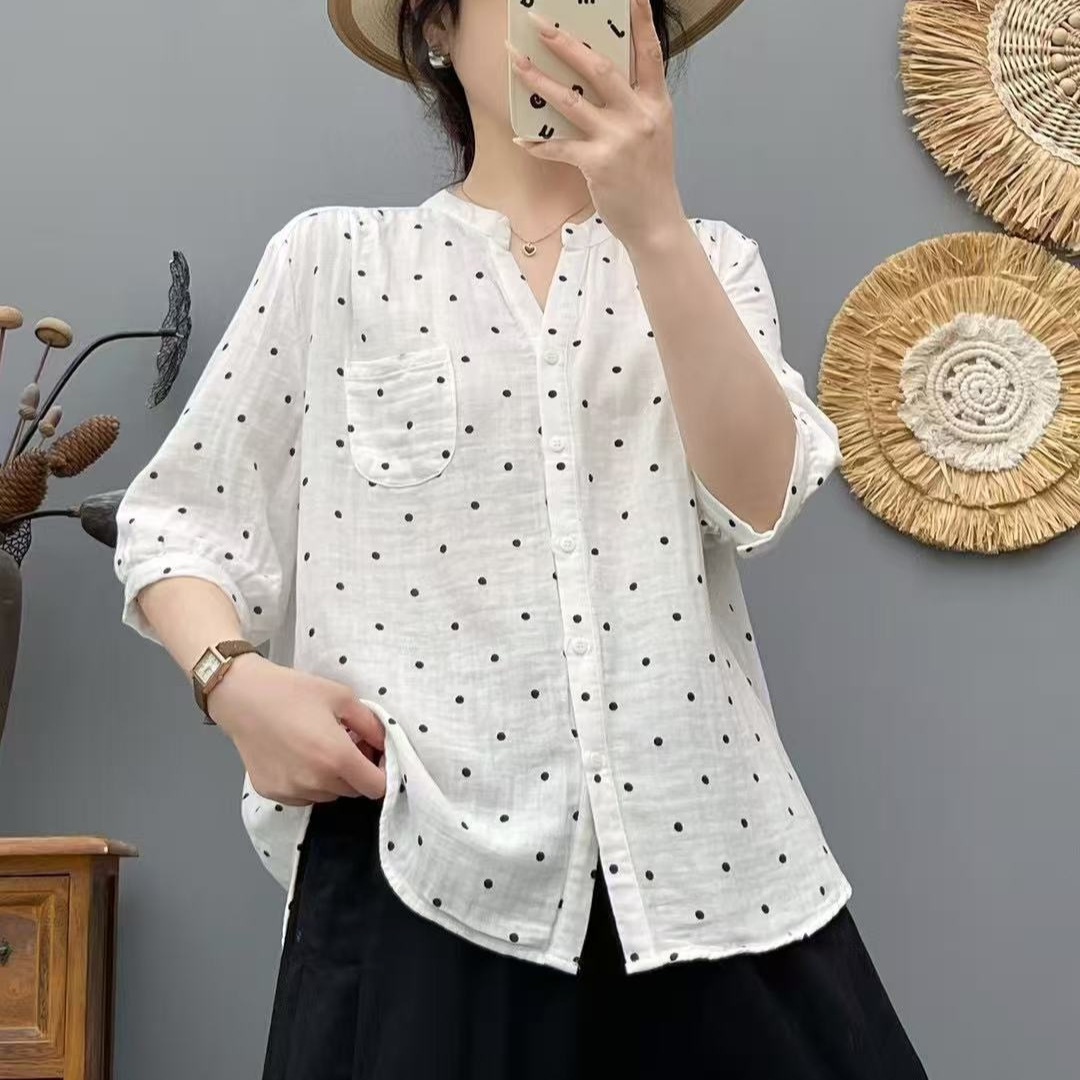 Elegant Women's Polka Dot V-neck Blouse Double-layer Gauze Top_voghion.com