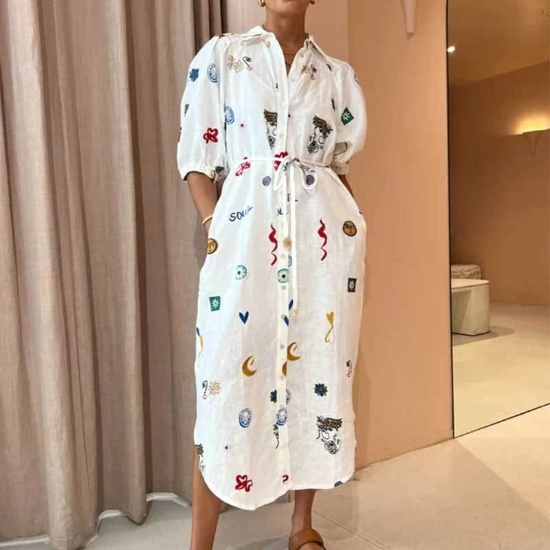 Women's Loose Printed Dress With Turn-down Collar And Bubble Sleeves_voghion.com