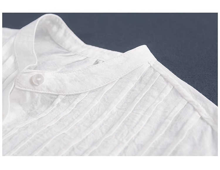 Women's Linen Shirt Dress Pleated Casual Summer Style White_voghion.com