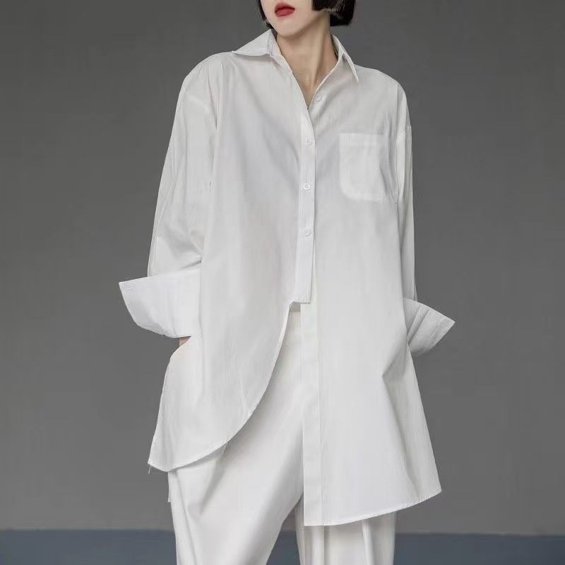 New Spring/Summer Women's Dark Style Irregular Button-Up Shirt, Mid-Length BF Slit Blouse, Heavy-Duty Barber Uniform_voghion.com
