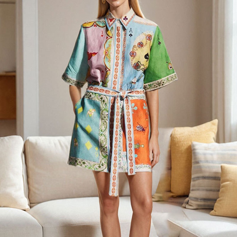 2026 Spring New Cross-Border European And American Women's Fashion Printed Elegant Collar Tie Short Sleeve Dress_voghion.com