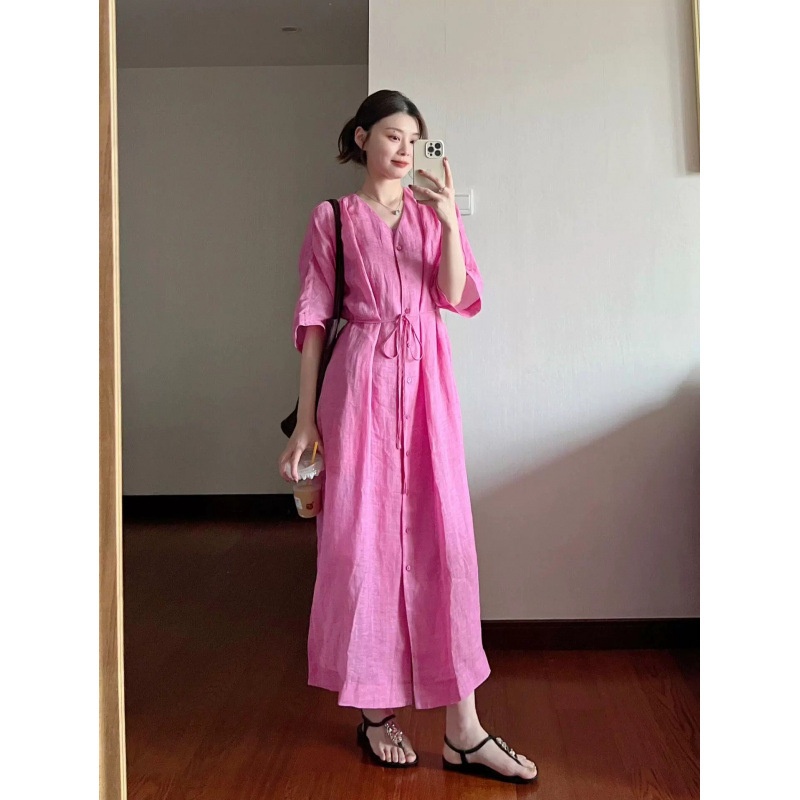 Cotton Linen Thin Strap Shirt Cardigan Ramie Women Summer New French V-neck Loose Slimming Long Dress_voghion.com