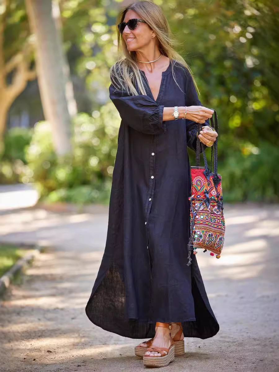 2026 Summer Women's Cotton Linen Long Dress V-neck Shirt Casual Commuting European And American Cross-border Bestseller_voghion.com