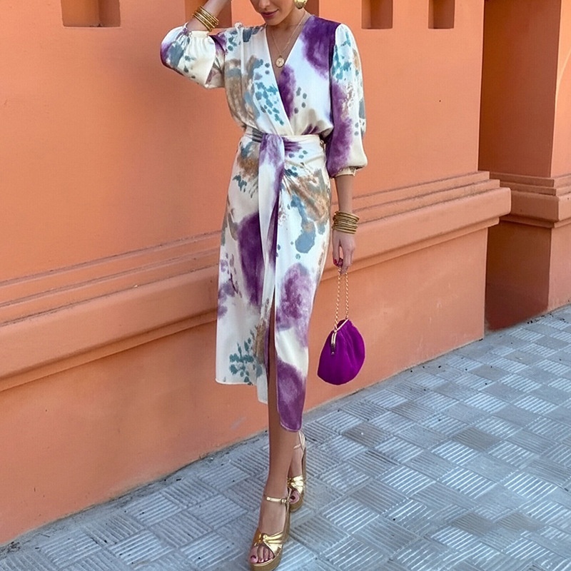 2026 Spring New Cross-Border European And American Women's Fashion Elegant Printed Unique V-Neck Long Sleeve Mid-Length_voghion.com