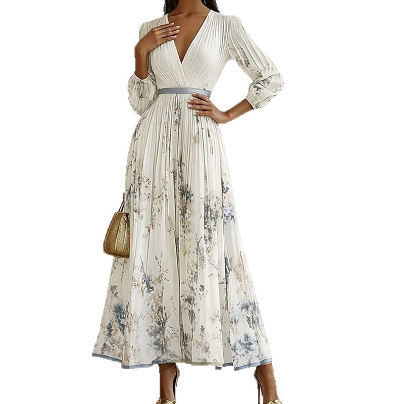 2026 Spring New Women's Clothing European And American Cross-Border Dress V-Neck Printed Pleated Long Skirt_voghion.com