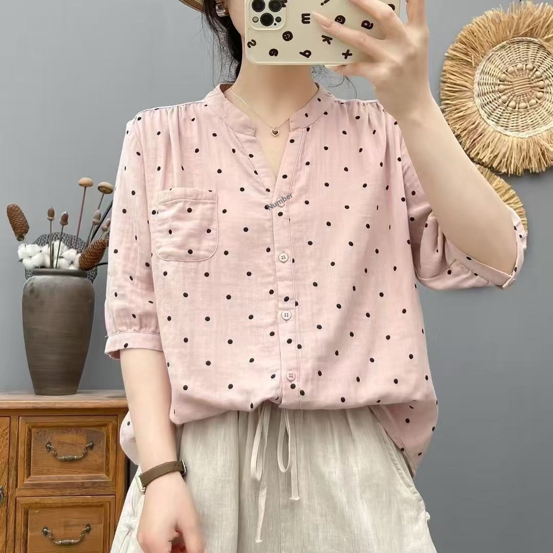 2025 Summer New Style Simple V-neck Polka Dot Print Double-layer Gauze Slimming Women's Blouse 66121_voghion.com