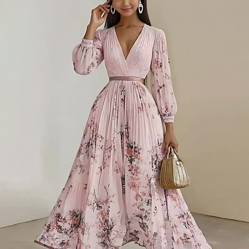 Women's V-neck Printed Pleated Long Dress For Plus Size Women_voghion.com