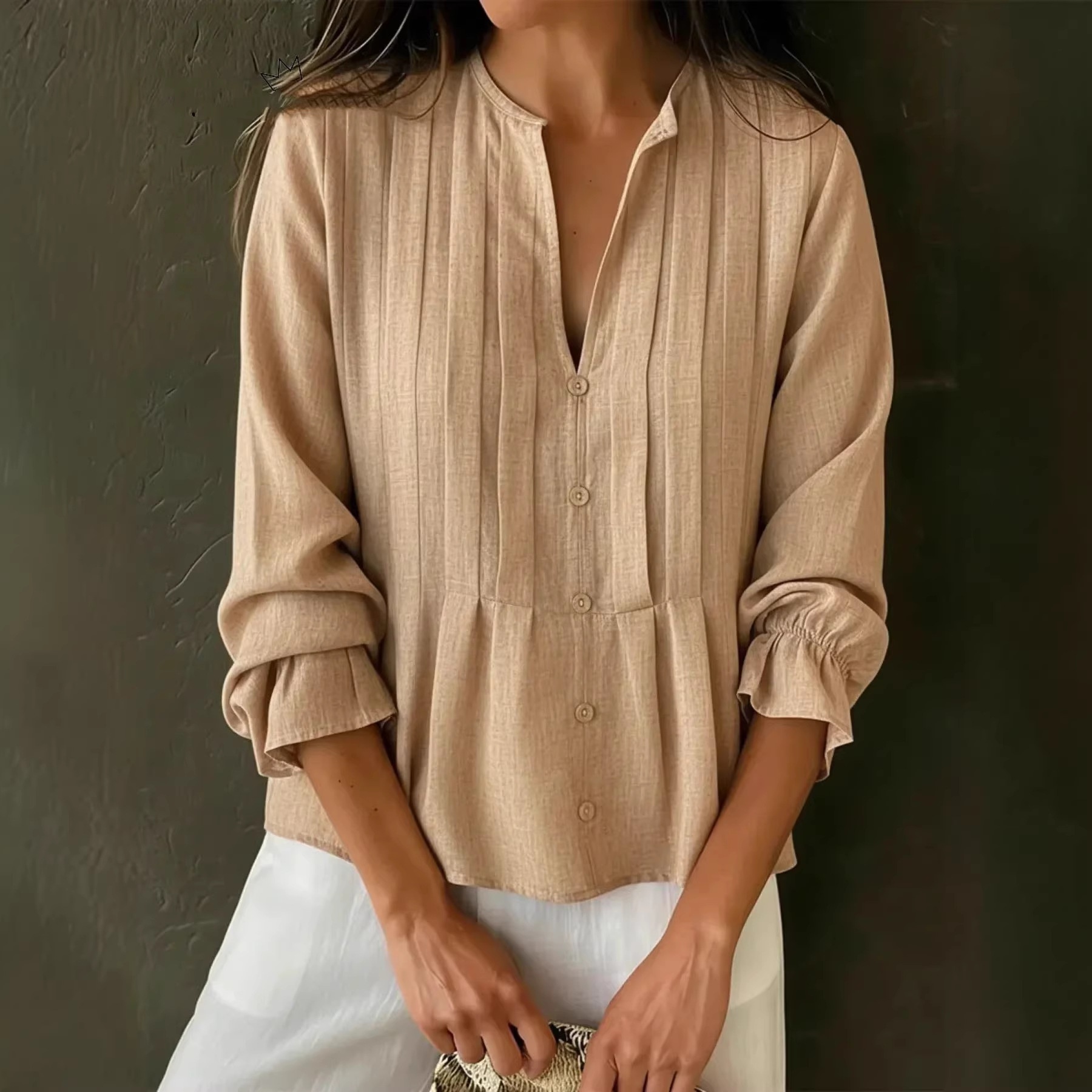 Cross-border European And American Women's Clothing 2025 Spring/Summer New Casual Solid Color V-neck Long-sleeve_voghion.com