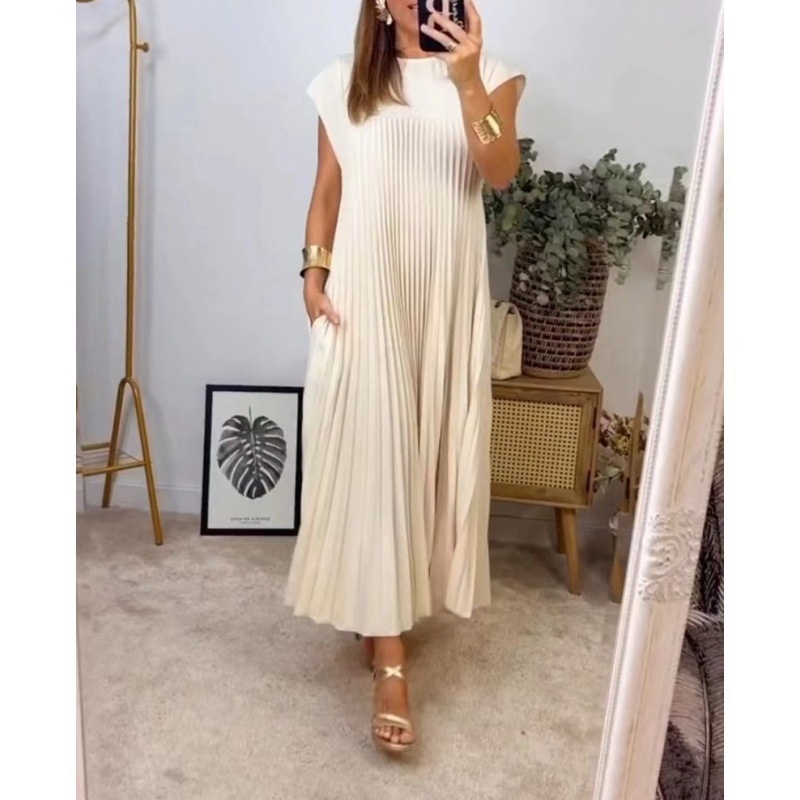 2026 Spring New Cross-Border European And American Women's Elegant Fashion Round Neck Sleeveless Pleated Long Dress_voghion.com
