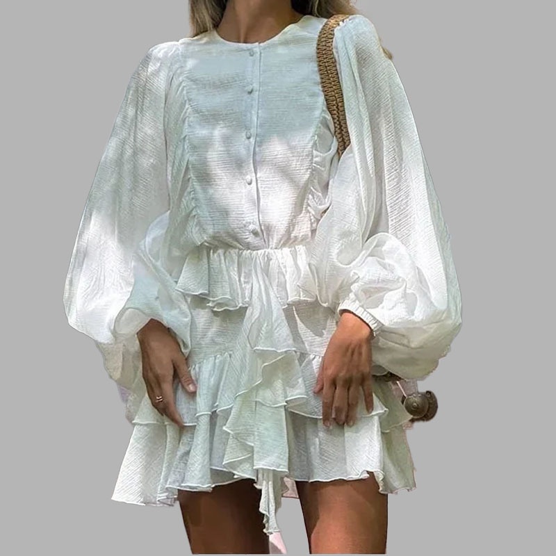 European And American Style Cross-Border Women's Spring French High-Waisted Puff Sleeve Ruffle Short Dress_voghion.com