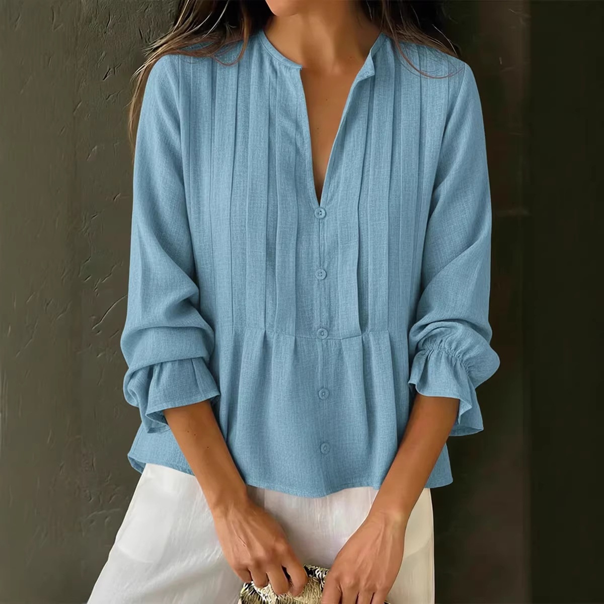 Cross-border European And American Women's Clothing 2025 Spring/Summer New Casual Solid Color V-neck Long-sleeve_voghion.com