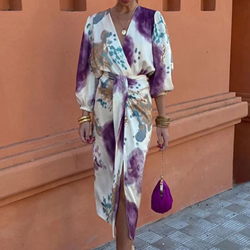 2026 Spring New Cross-Border European And American Women's Fashion Elegant Printed Unique V-Neck Long Sleeve Mid-Length_voghion.com