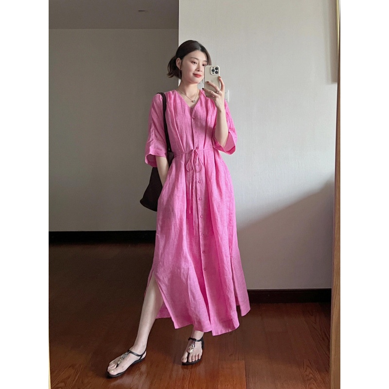 Cotton Linen Thin Strap Shirt Cardigan Ramie Women Summer New French V-neck Loose Slimming Long Dress_voghion.com