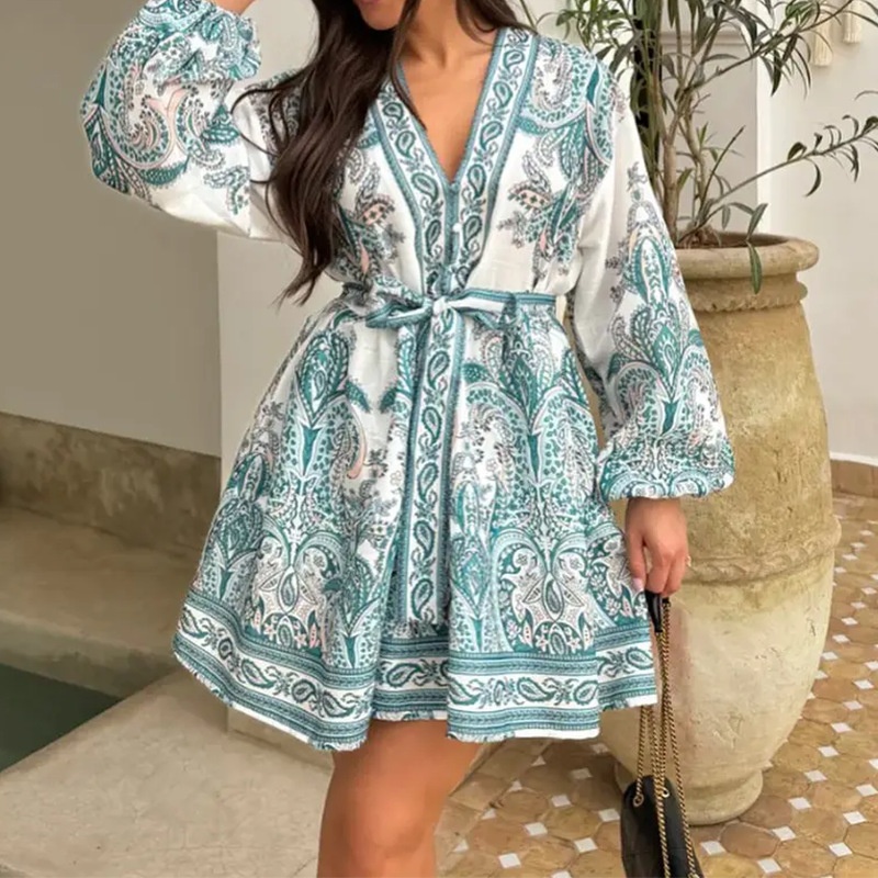 Elegantes Damen V-ausschnitt Kleid Mit Bindegürtel, Lose Passform_voghion.com