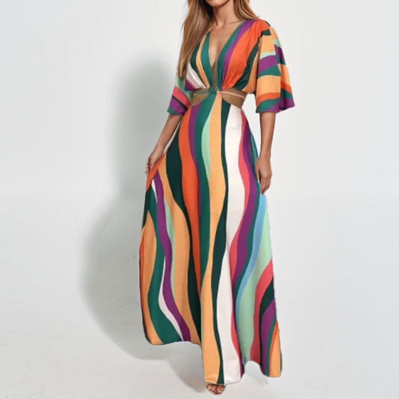2026 Spring New European And American Women's Fashion Printed Sexy Deep V Waist-Revealing Strap Dress 661_voghion.com