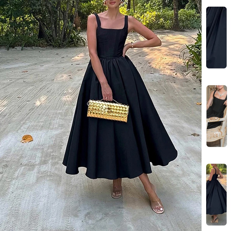 2026 Spring New Cross-Border European And American Women's Fashion Elegant Square Neck Sexy Ruched Waist Dress_voghion.com