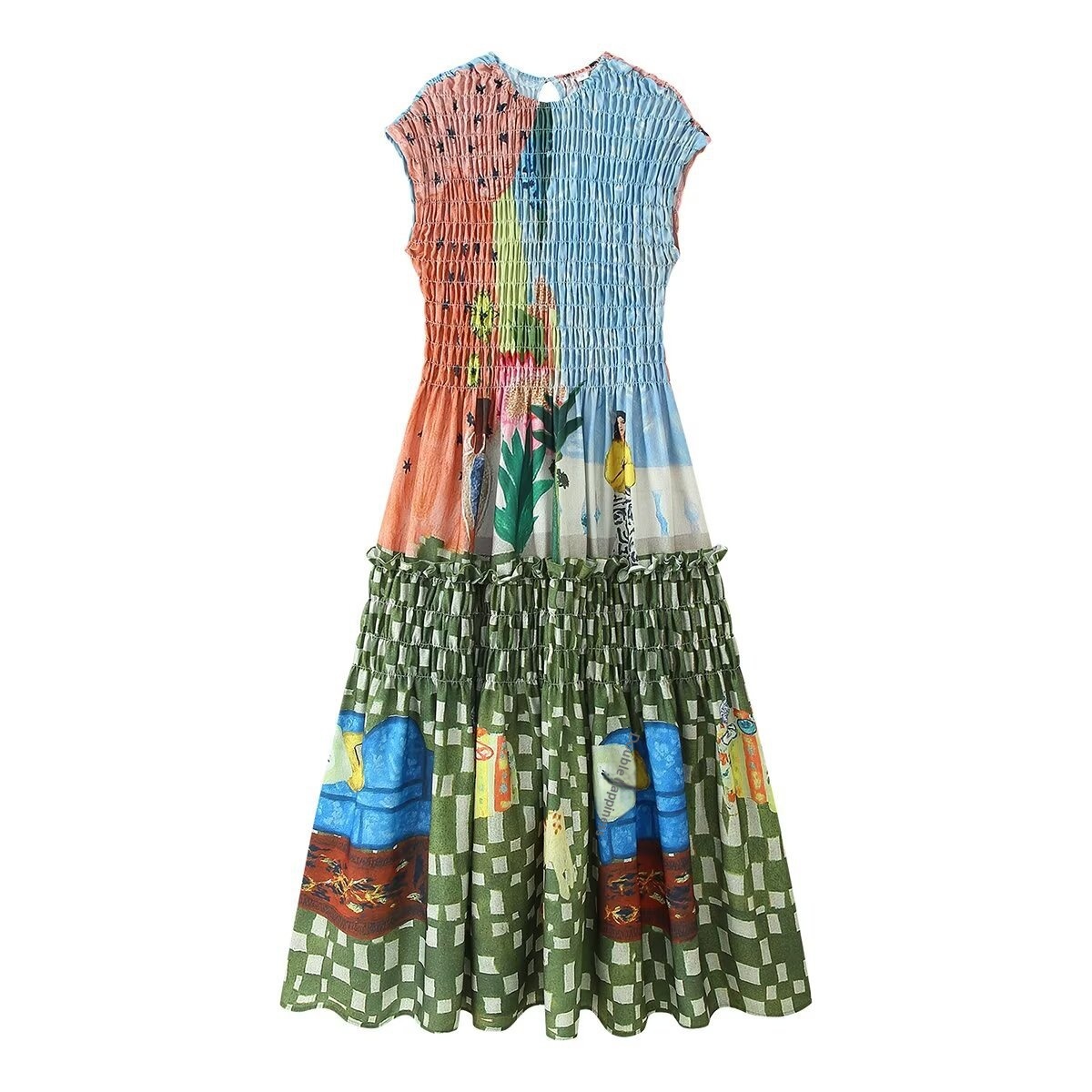 Elegantes und vielseitiges ärmelloses Sommerkleid im europäisch-amerikanischen Stil aus Baumwoll-Leinen-Mischgewebe mit Raffungen, schmaler Passform und Print._voghion.com