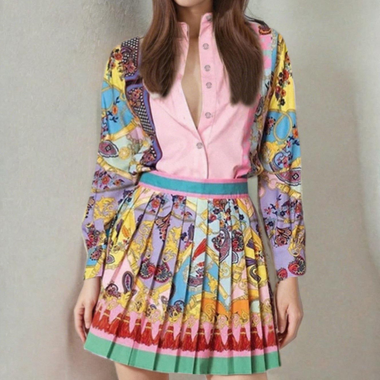 2026 Spring/Summer New Women's Fashion Cross-Border European And American Casual Printed Shirt High-Waisted Pleated_voghion.com