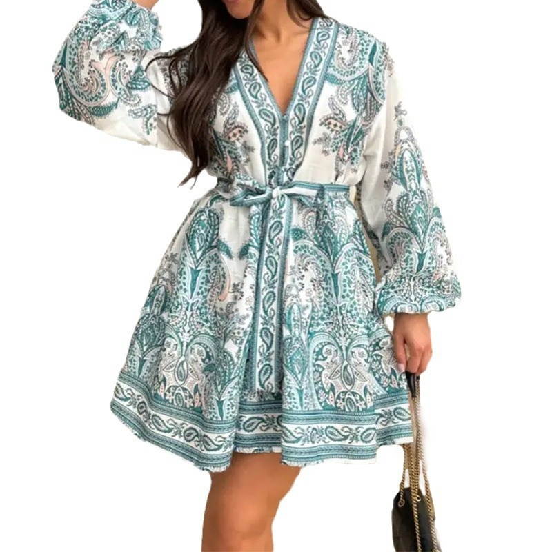 Neues europäisch-amerikanisches Damenkleid für den Frühling 2026: Elegantes und stilvolles Kleid mit V-Ausschnitt, lockerer Passform und Taillengürtel_voghion.com