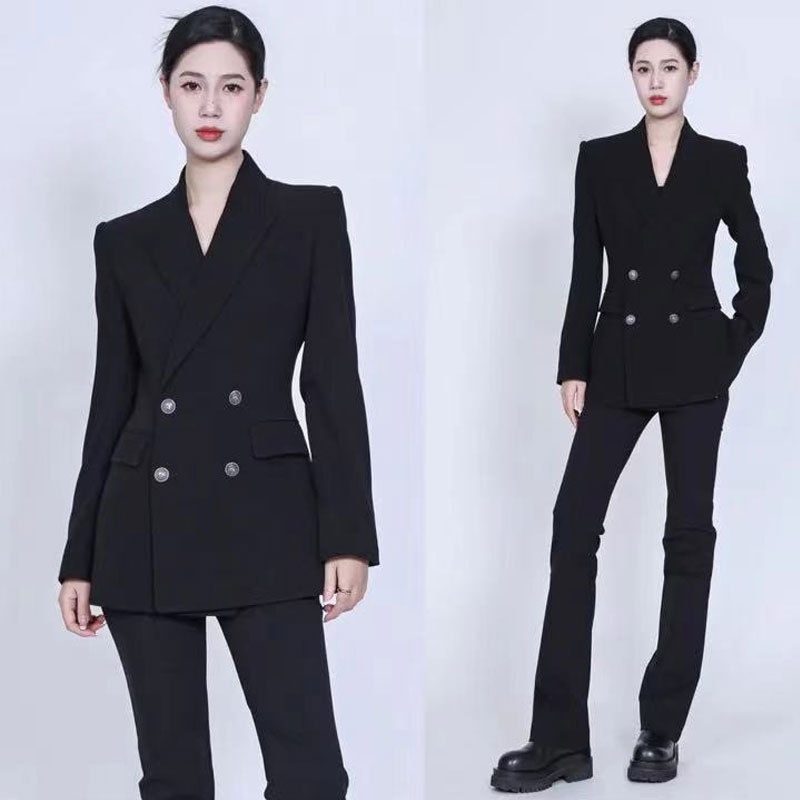 Elegant Double-breasted Women's Blazer Slim Fit Tailored Jacket_voghion.com