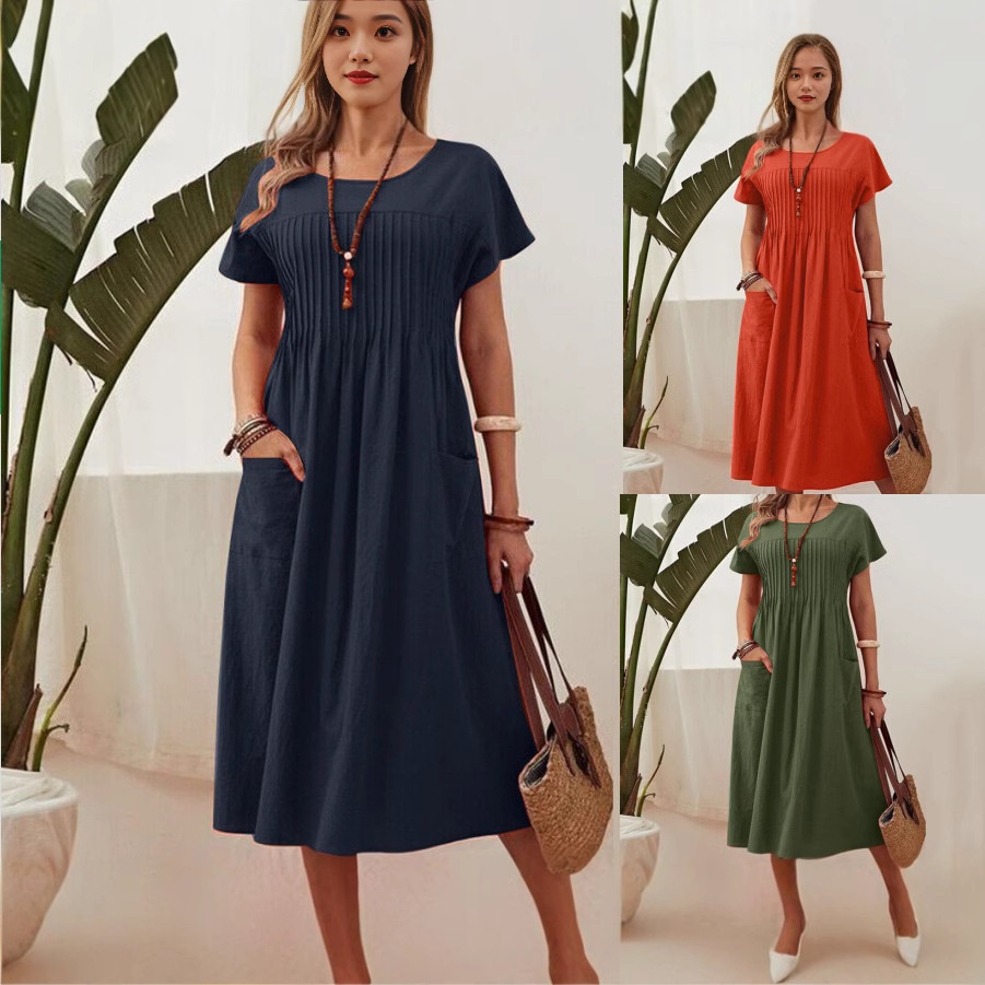 2026 Cross-Border European And American Women's Fashion Long New Solid Color Round Neck Pocket Pleated Short_voghion.com