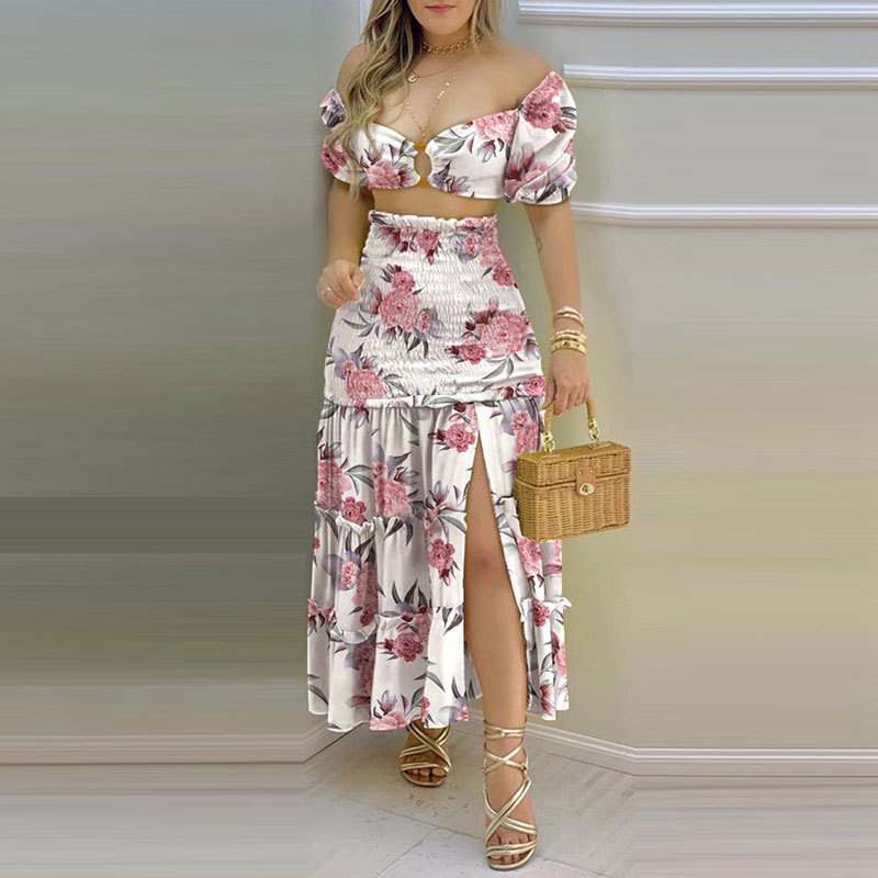 Frühjahr 2026 Neue grenzüberschreitende europäisch-amerikanische Damenmode: Sexy bedrucktes Tube-Top und hochgeschnittener Schlitzrock (Set 661)_voghion.com