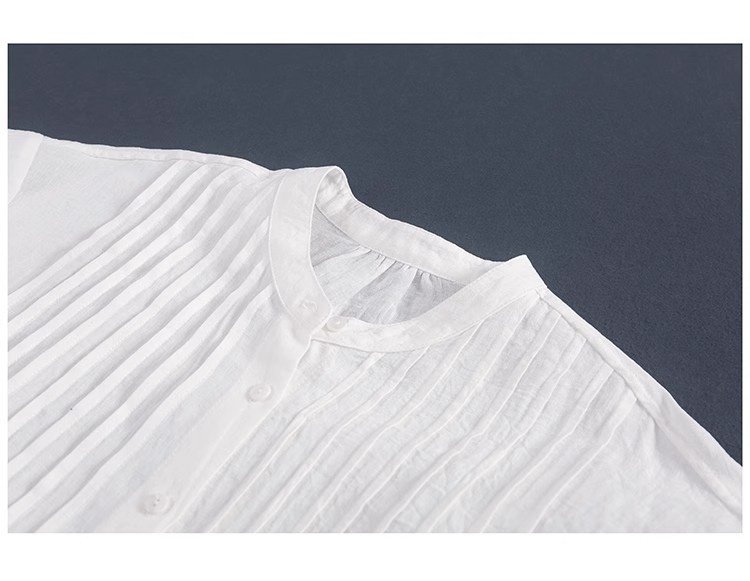 Women's Linen Shirt Dress Pleated Casual Summer Style White_voghion.com