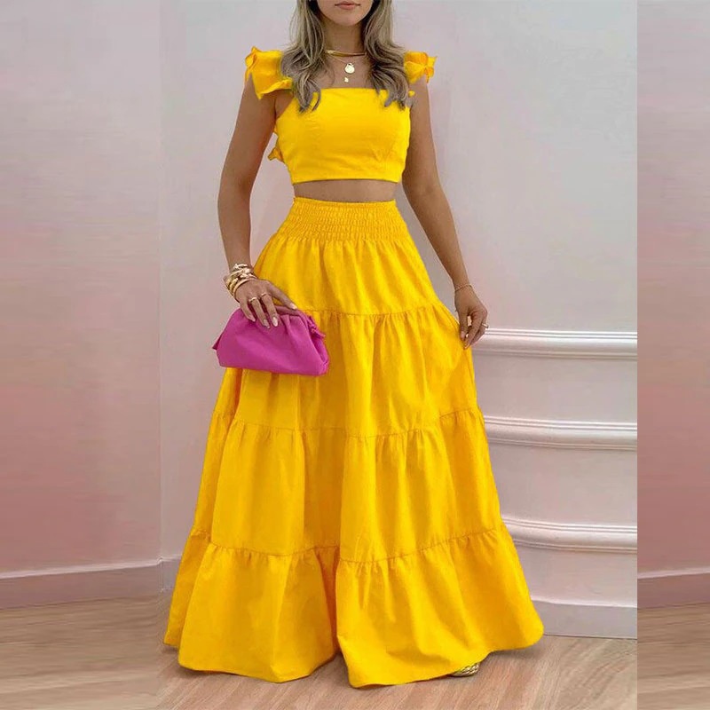 Women's Two-piece Set Solid Colour Ruffle Strap Flared Dress Set_voghion.com