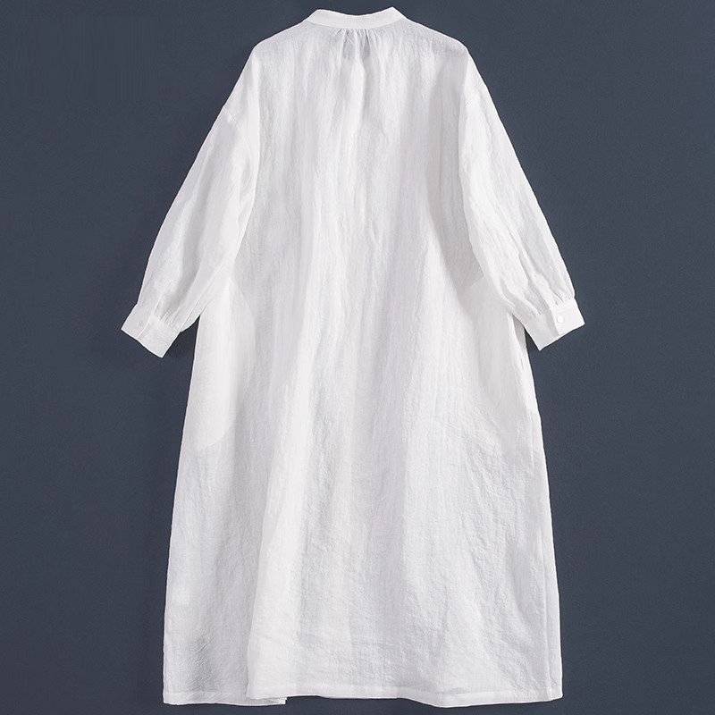 35592025 Spring/Summer Pleated Design Linen Sleeve Versatile Casual White Long Shirt Dress_voghion.com