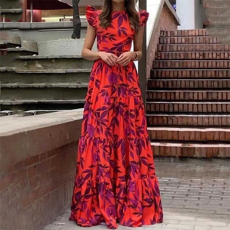 Women's Printed Ruffle Hem Long Dress With Flutter Sleeves_voghion.com