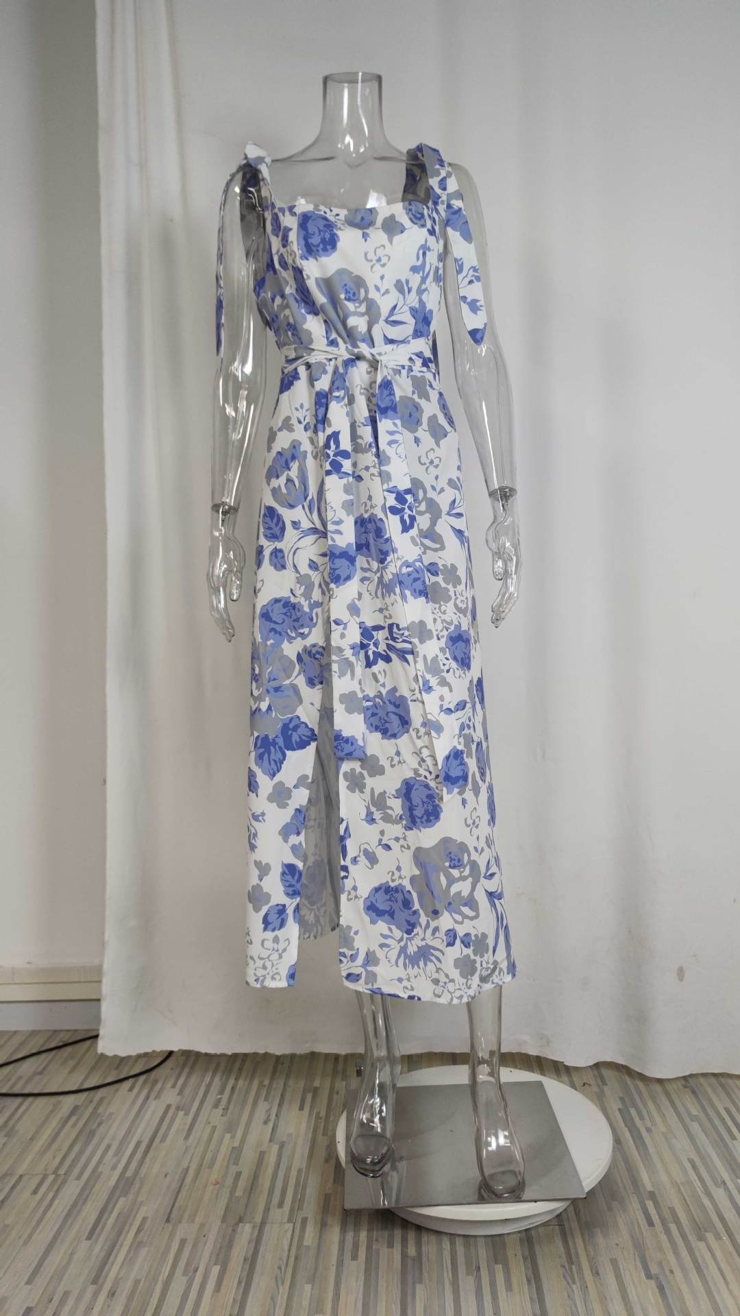 Women's Slim-fit Printed Backless Dress With Tie Straps And Slit_voghion.com