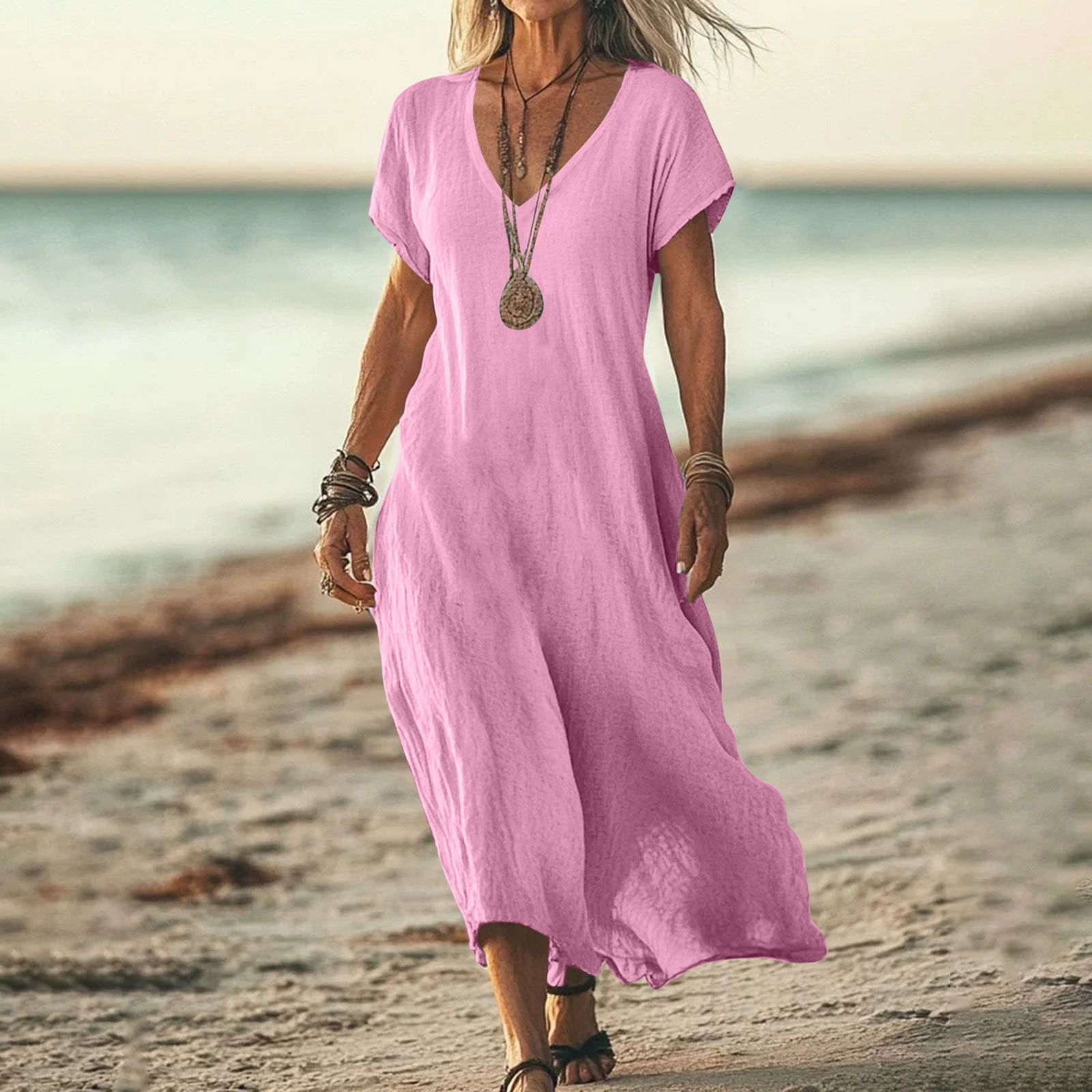 Damen Kleid Aus Baumwoll-leinen Mit V-ausschnitt Und Kurzen Ärmeln_voghion.com