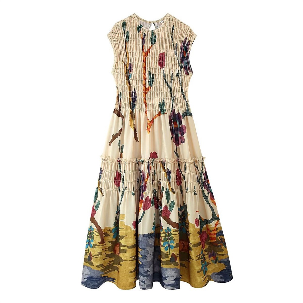 Elegantes und vielseitiges ärmelloses Sommerkleid im europäisch-amerikanischen Stil aus Baumwoll-Leinen-Mischgewebe mit Raffungen, schmaler Passform und Print._voghion.com