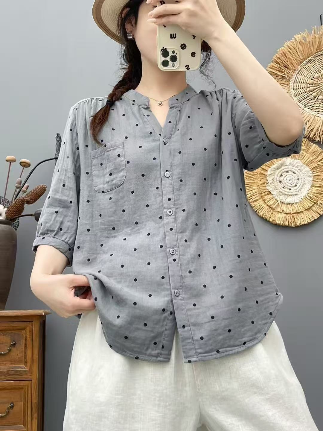 Elegant Women's Polka Dot V-neck Blouse Double-layer Gauze Top_voghion.com